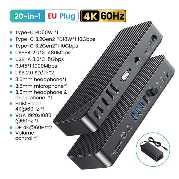 Desktop Docking Station, 19 porte, understøttelse af højopløsningsskærm,20-i-1 EU stik