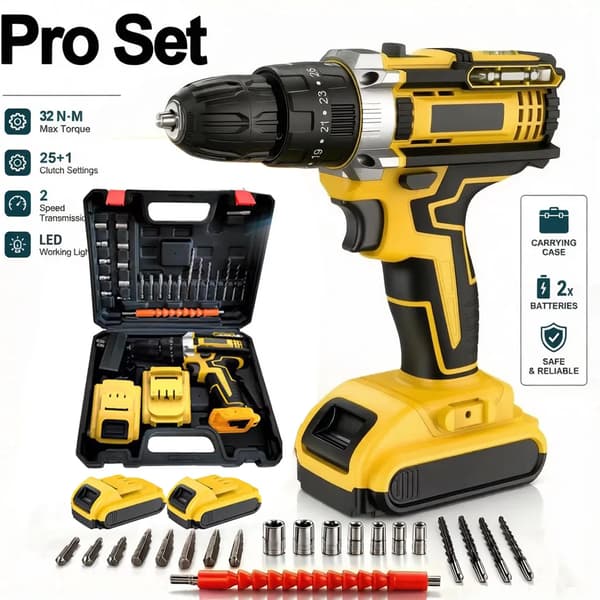 Sladdlös borrmaskin, 21V kraft, dubbelhastighetskontroll,2 Batterier D– Pro