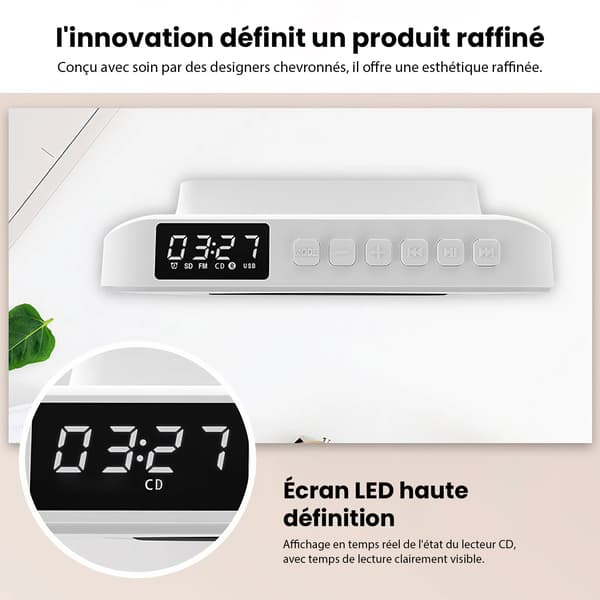 CD-spelare, Bluetooth-anslutning, stöder USB- och TF-kort, HIFI-högtalare, LED-display, flerfärgsalternativ