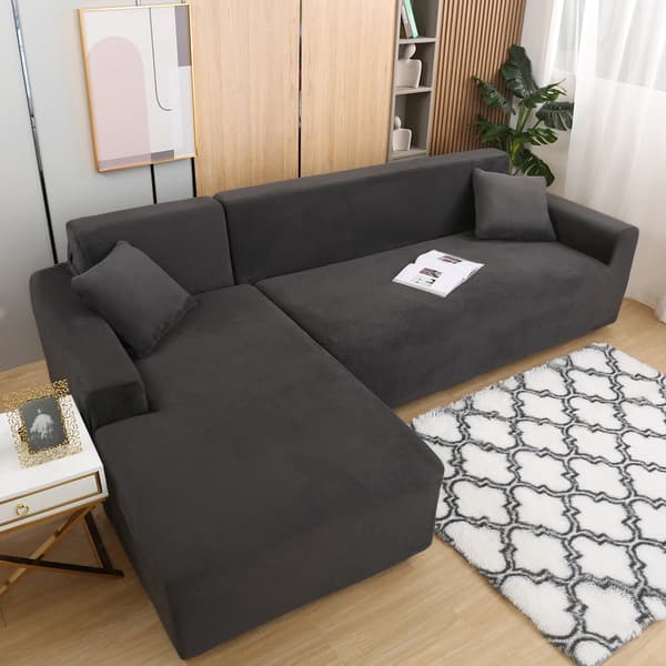 Sammetsoffapåse, L-formad design, högstretchtyg,3 Sittplatser-3 Sittplatser, Mörkgrå