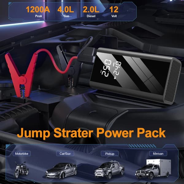 Jump Starter, 1200A Peak Strøm, Oppustelig Dæk Pumpe,sort