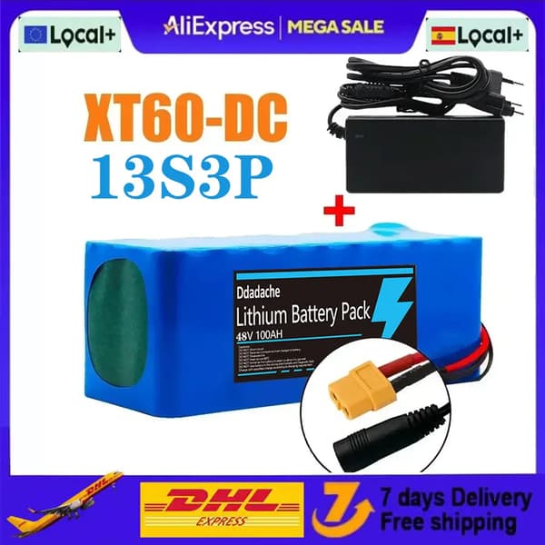Batteripack, 100Ah kapacitet, 48V litiumjon, XT60-DC-laddare