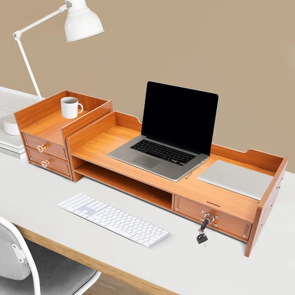 Monitorstand, Opbevaringsskuffer, Pladsbesparende Design,Træ