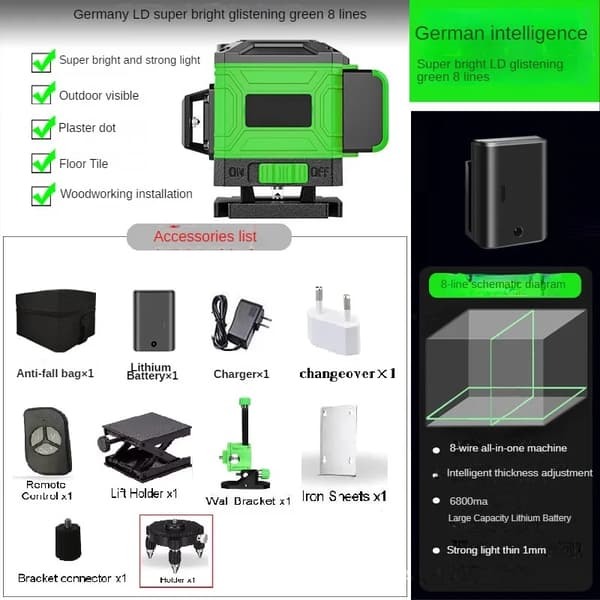 Lasernivå, Multi-linjedesign, Hög synlighet gröna strålar, Grön 8 linjer
