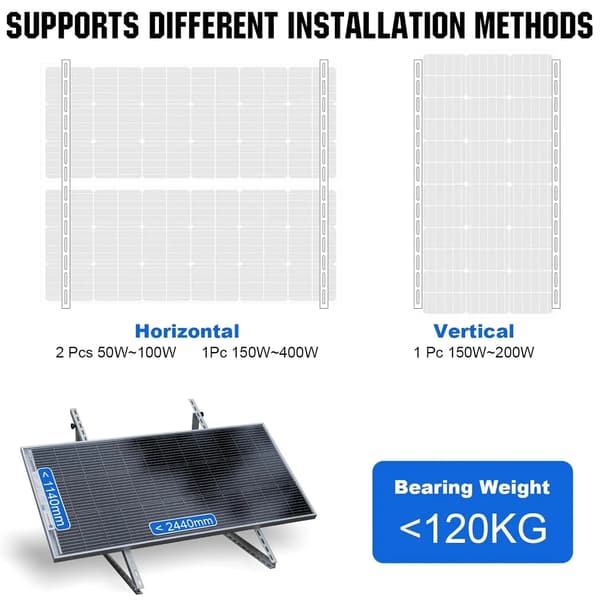 Solpanelbeslag, Justerbart 0° til 90°, Understøtter 100W til 800W,HVID