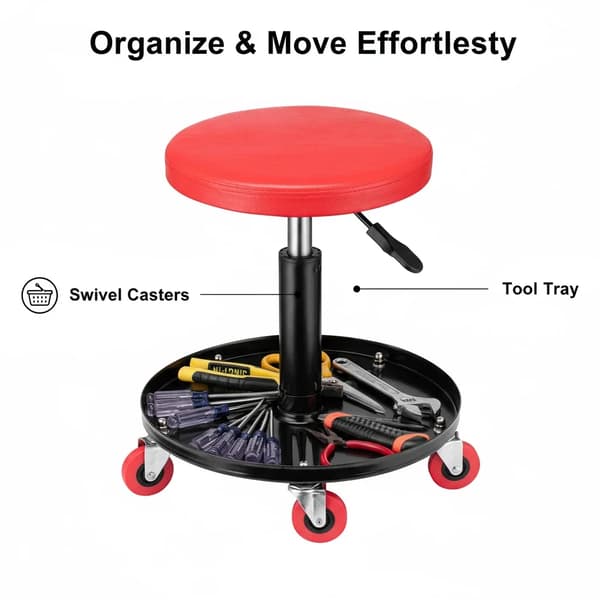 Verkstadspall, Ergonomisk Design, 360° Rotationsförmåga,RÖD