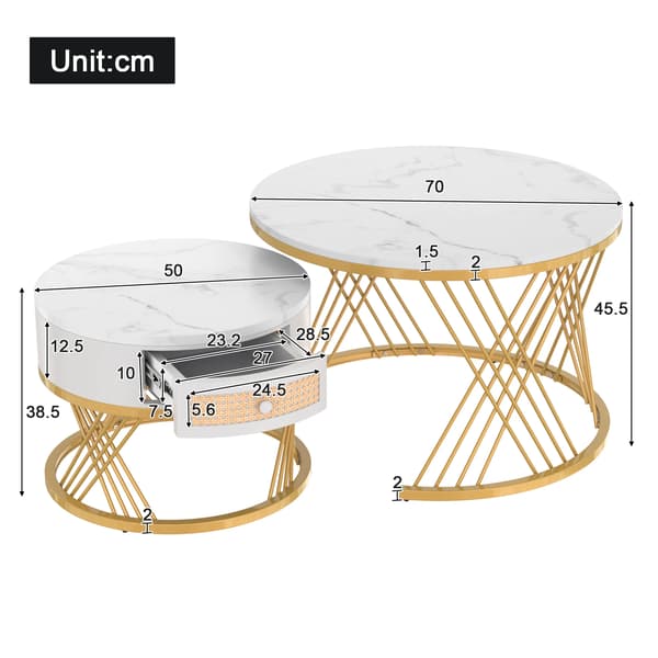 Kaffebord Set, Rund Design, Minimalistisk Stil,Vit + Guld + MDF