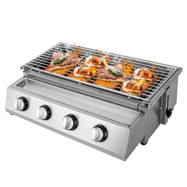 Grill, 4 brännare, bärbar LPG-gas,silver