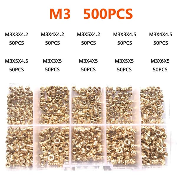 Indsæt møtrik, messingmateriale, rillet design,M3 (500PCS)