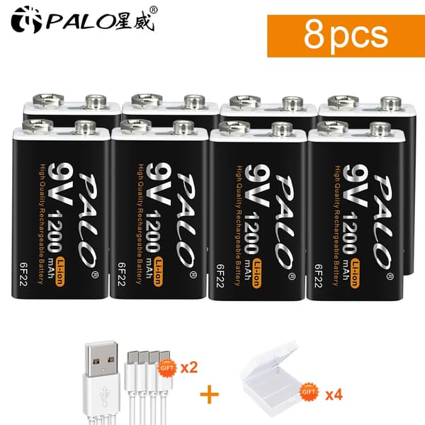 9V Batteri, Uppladdningsbart Litiumjon, Micro USB Laddning, 8PCS batteri