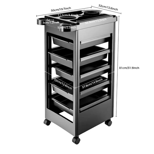 Salonvogn, 5-lags opbevaring, rullende design,sort