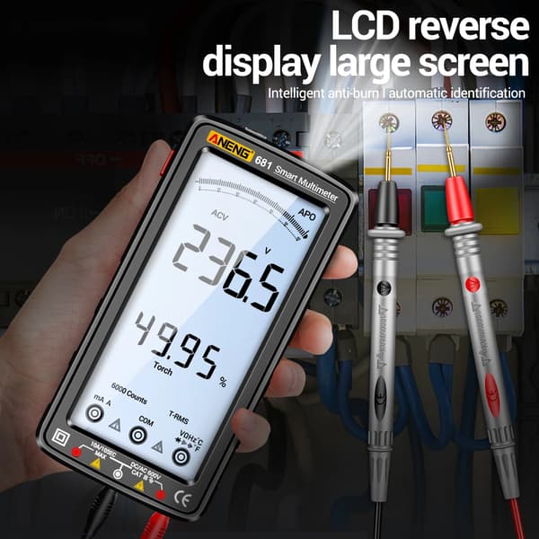 Digital multimeter, 5 tommer baggrundsbelyst LCD, genopladelig,sort