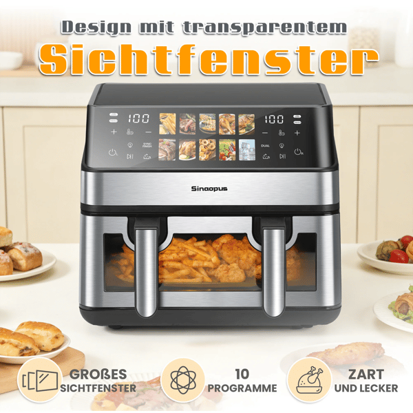 Luftfritös, Dubbelkorg 8,5L, 2000W Effekt, 80-200 °C Temperaturintervall, LED Touchpanel, 10 Matlagningsprogram