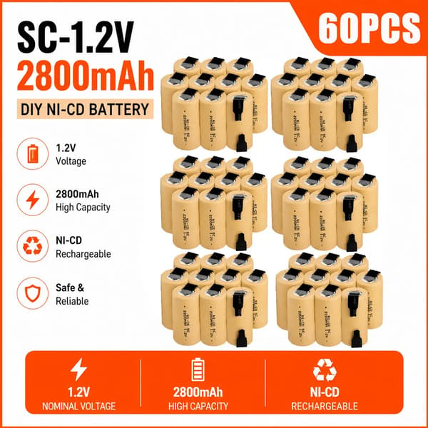 Sub-C Nickel-Cadmium Batteri, 1.2V, 2800mAh Kapacitet, SC-60PCS