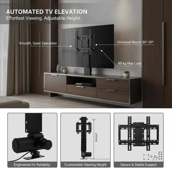 Motoriserat TV-lyftfäste, Höjdjusterbart, Maxlast 60 kg, Silver