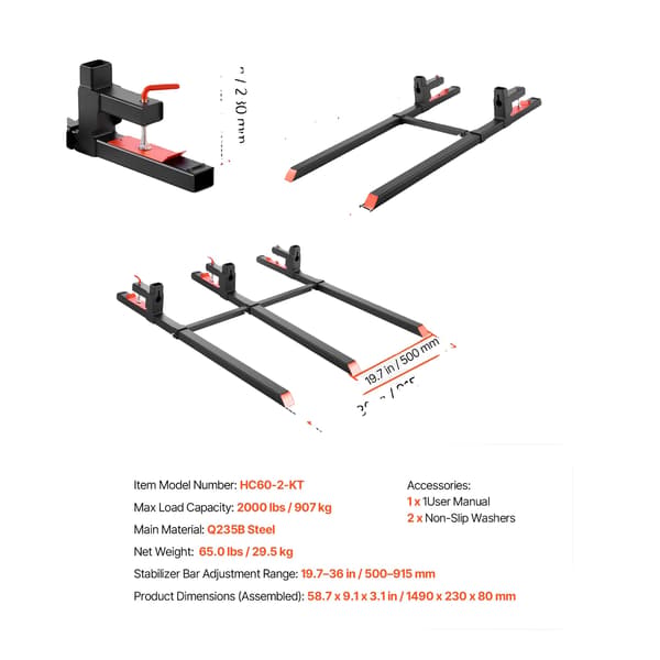 Palletrammer, 2000 lbs kapacitet, justerbar stabilisatorstang,60tommer 2000lbs