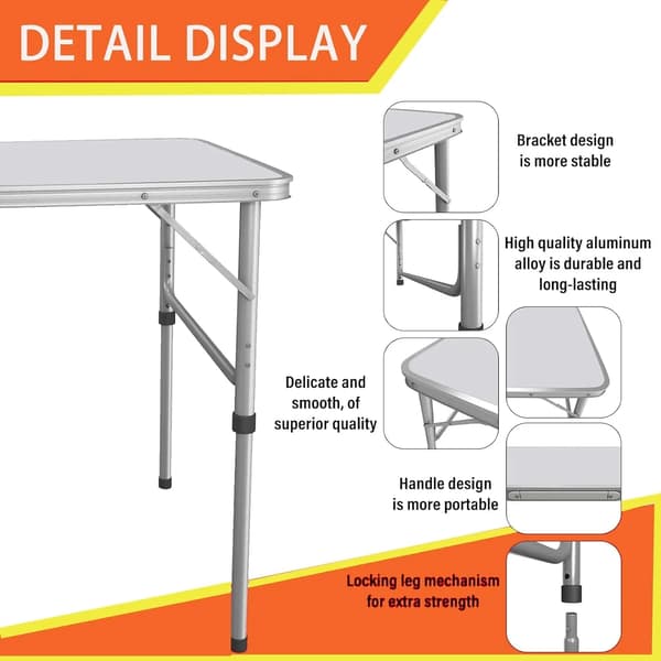 Fällbart Bordsbord, Aluminium, 120 x 60 cm, Höjdjusterbart 70/62/55 cm, Stöder 4 Personer, Kompakt Fällbar Design