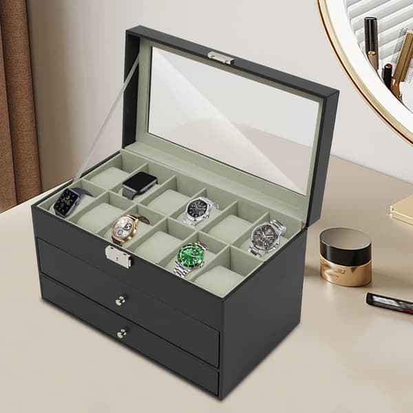 Smykkeskrin Organizer, 12 Ur Slots, 2 Skuffer,sort