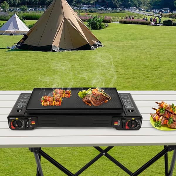 Campingkomfur, Dobbeltbrændere, Bærbart Design,sort