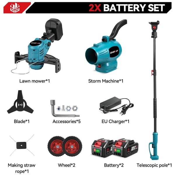 Græstrimmer, Bladblæser, Trådløs Plæneklipper,2 Batteri Sæt
