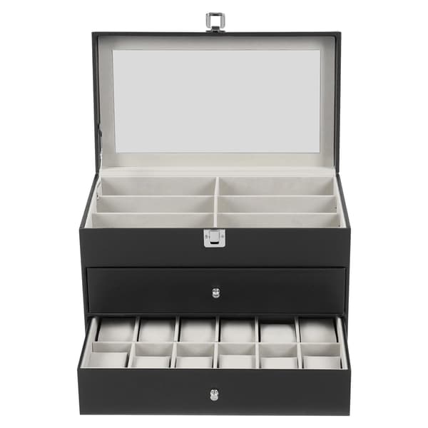 Ure- og brilleopbevaringsboks, 3-lags organizer, støvfri design,sort