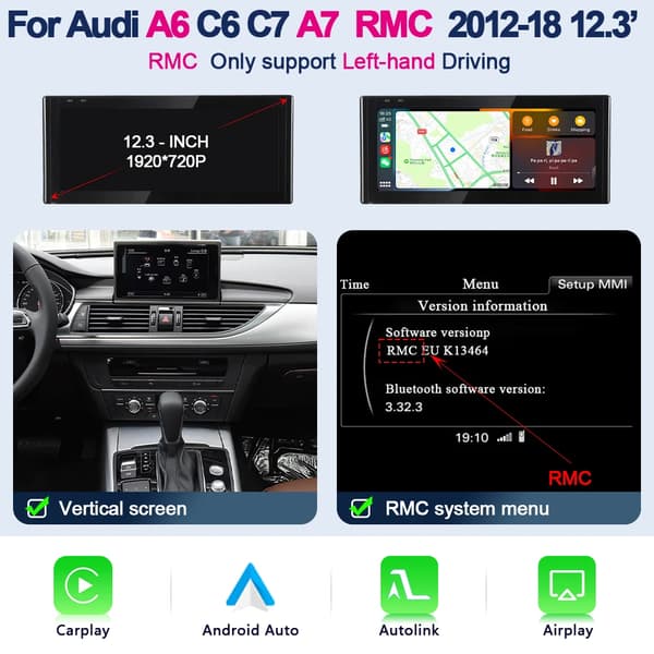 Multimedia Display, Trådløs CarPlay, Android Auto,A6 A7 RMC 12-18