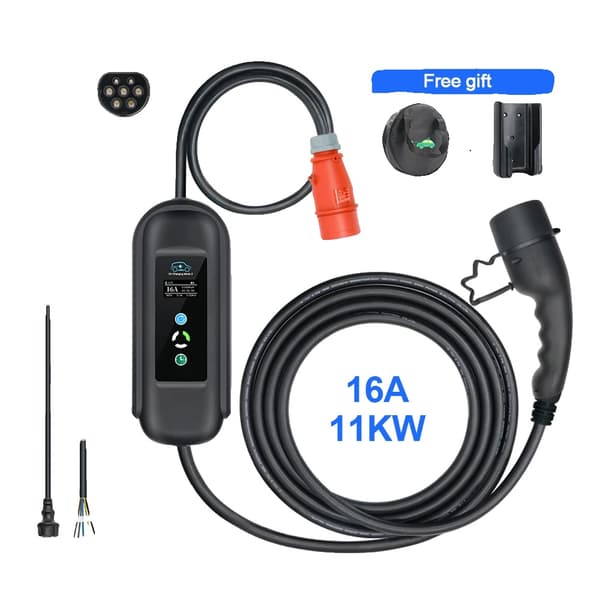 EV-lader, 11KW effektudgang, justerbar strøm,Type2-a, AdapterTaskeKrog