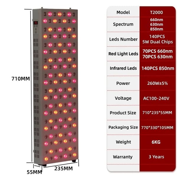 LED Röd Ljusterapi Panel, Dubbel Chipteknik, 660nm Nära Infraröd Terapi, Mångsidig Hudbehandling,T2000PRO