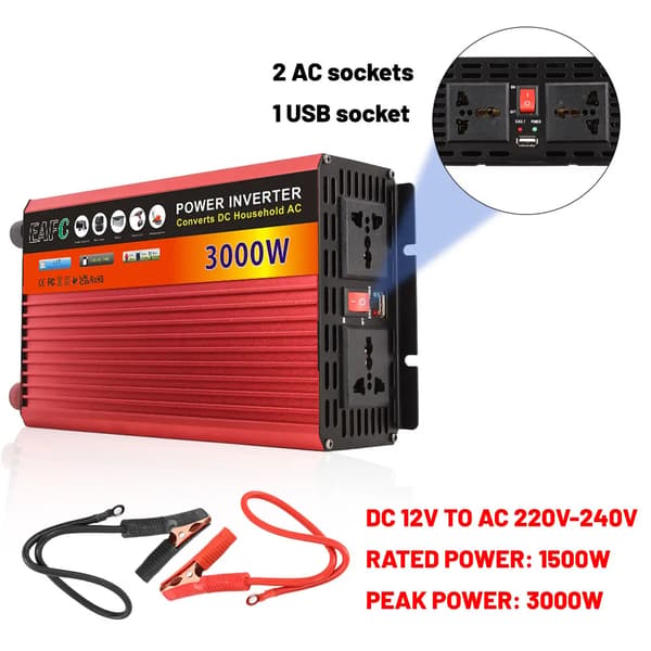 Inverter, 3000W Strømkapacitet, Flere Udgange,Rød