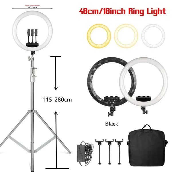 Ring Light, Dæmpbar Lysstyrke, 360° Rotation,280cm Sort