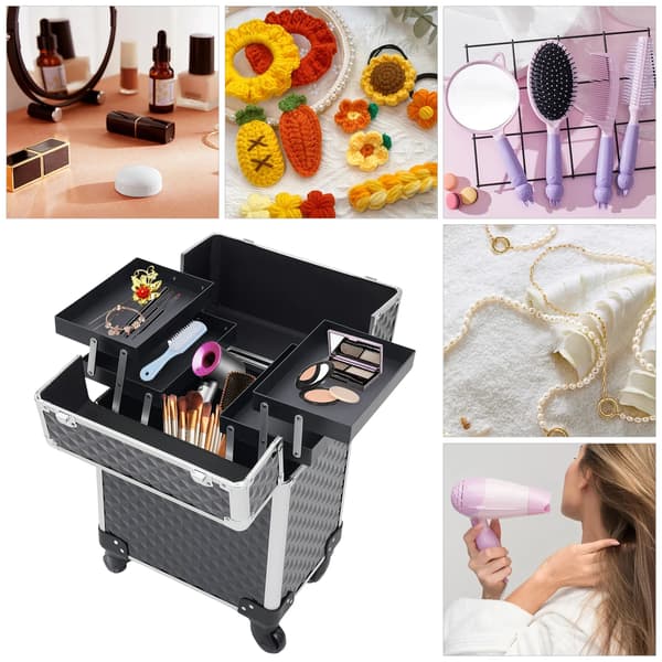 Makeup Case, Multi-Tier Opbevaring, Justerbar Trækstang,sort