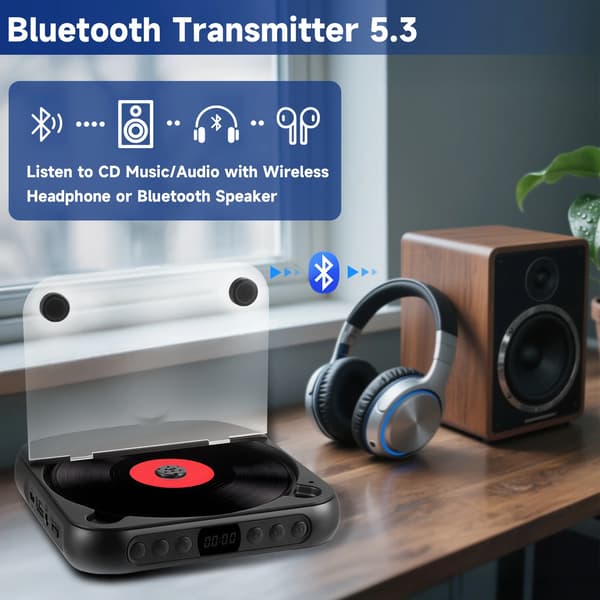 Bærbar CD-afspiller, Bluetooth 5.3, Genopladeligt batteri,Grå