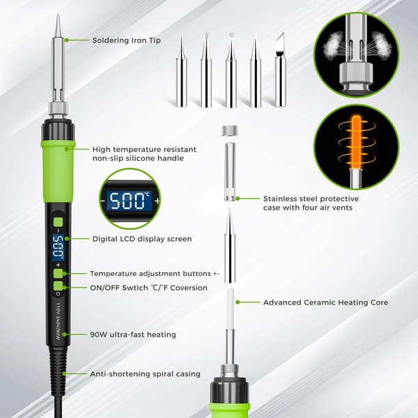 Loddekolbe, 90W effekt, temperaturinterval 180°C-500°C, LCD-display, automatisk søvnfunktion, CE-certificeret