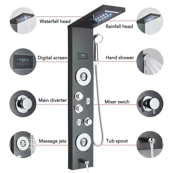 Bruserpanel, Integreret LED-lys, Kropsmassagejet,Sort 8006