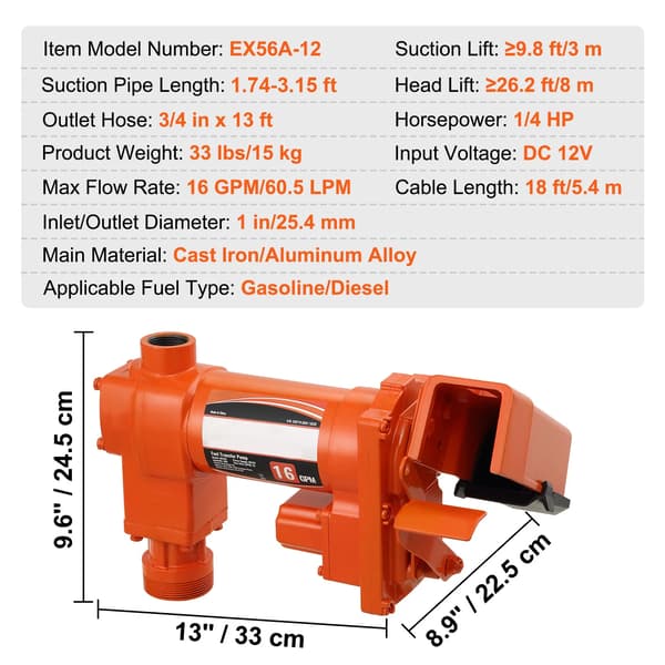Bränsleöverföringspump, Hög flödeshastighet, Bärbar design,16GPM