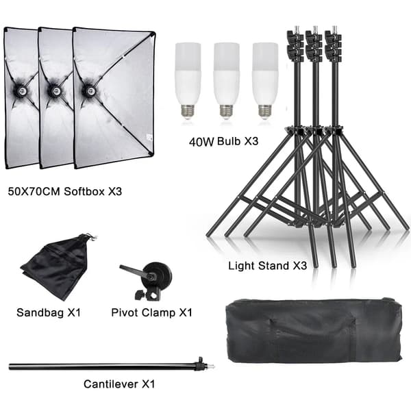 Softbox belysningskit, E27 sokkel, bærbar lysstativ,3stk Ny 40w