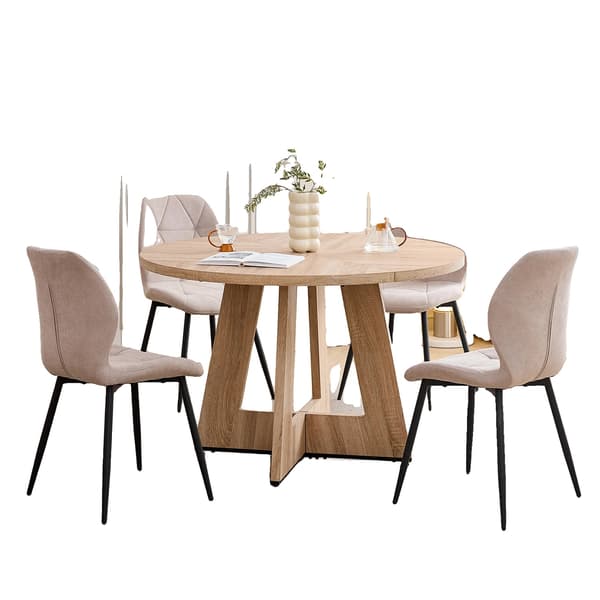 Matbordset, Modernt Runt Bord, Klädda Stolar,Beige-set