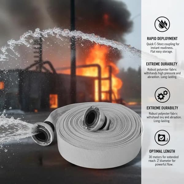 Brandslang, 30 m längd, 5 cm diameter, 2" C-Storz kopplingar, högtrycksbedömd, NFPA-kompatibel