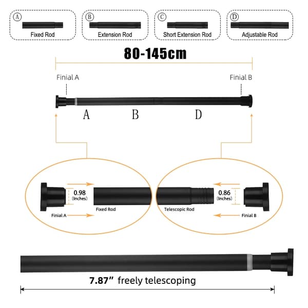 Bruseforhængsstang, Justerbar Længde, Teleskopisk Design,sort80-145CM