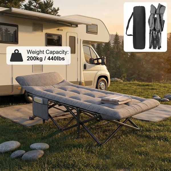 Campingbed, kraftig stålram, integrerad kudde,grå