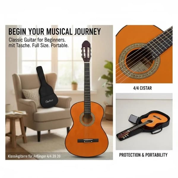 Klassisk Guitar, Solid Basswood Konstruktion, Venstrehåndet Design,Mørkebrun