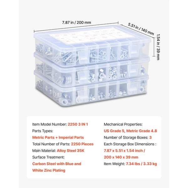 Bultar och Muttrar Sortiment Kit, 906 Delar, Legerat Stål Konstruktion,2250 Pcs