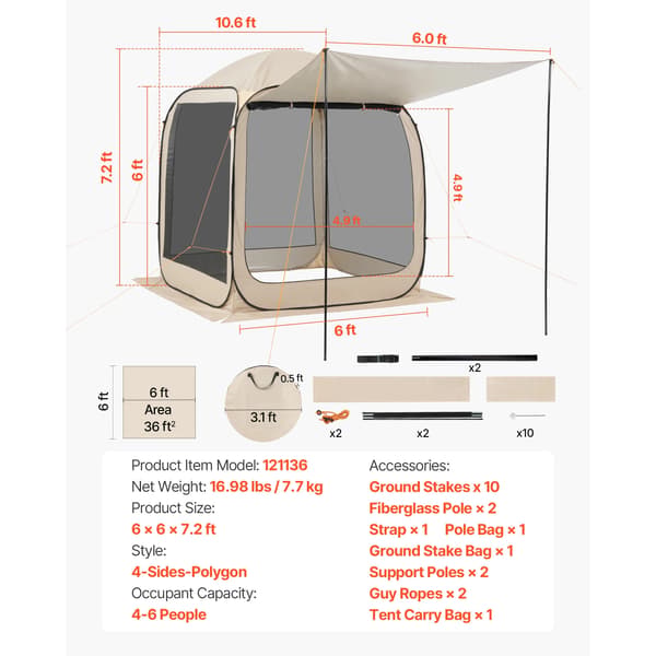 Skärm Tält, Pop-Up Design, Insektskydd,6x6ft
