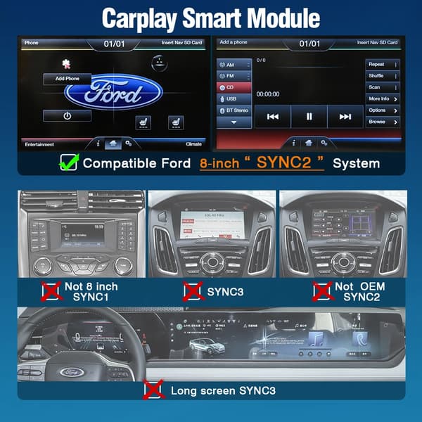 Langaton Carplay-moduuli, tukee Android Autoa, integroitu GPS-navigointi,Ford Sync2+CAM:lle