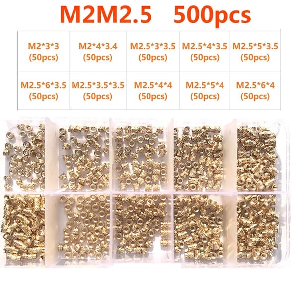Insatsmuttern, mässingsmaterial, räfflad design,M2 M2.5 (500PCS)