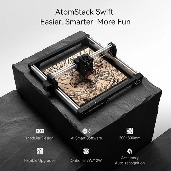 Lasergravør, Modulært Design, AI Billedskabelse,ATOMSTACK Swift 12W