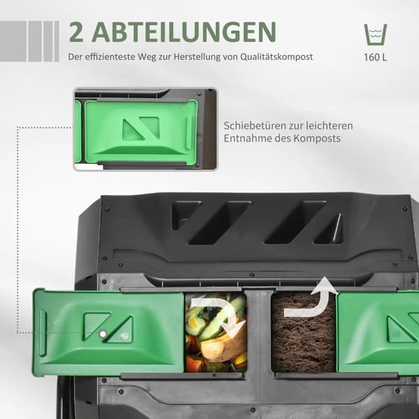 Komposter, 160L kapacitet, dobbeltkammerdesign,Sort