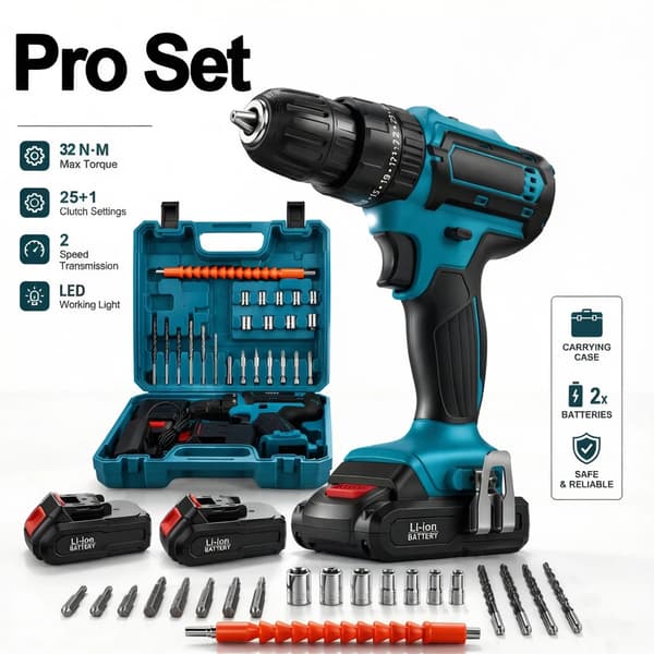Sladdlös borrmaskin, 21V kraft, dubbelhastighetskontroll,2 Batterier A– Pro