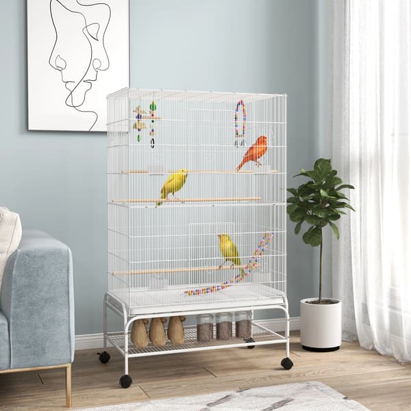 Fuglebur, Rummelig Design, Inkluderer Siddepinde og Legetøj,Hvid
