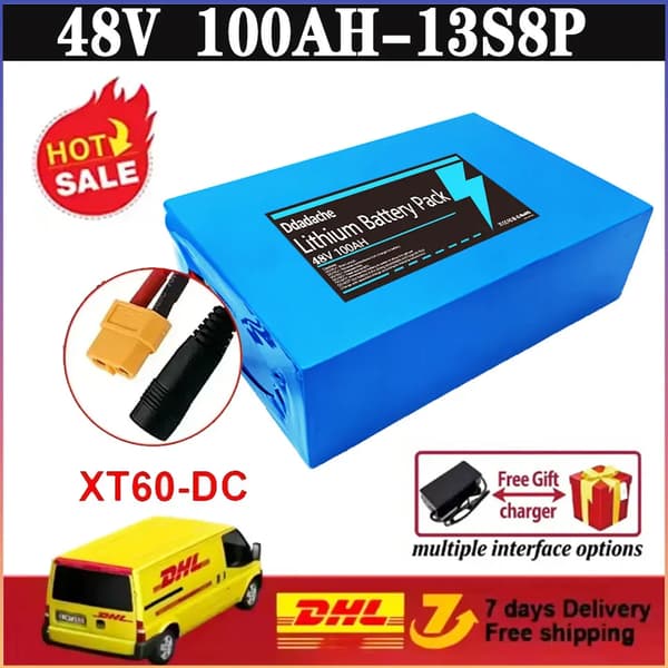 Litiumbatteripaket, 100Ah kapacitet, integrerad BMS,XT60-DC-Laddare